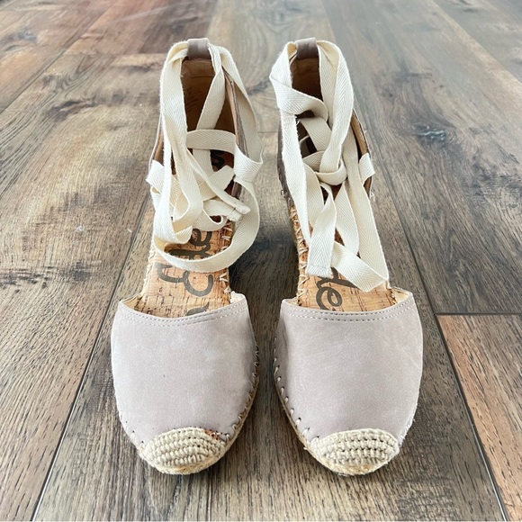 Sam Edelman Patsy Espadrille Woven Wedge Suede Ankle Wraparound Taupe Size 9 - Picture 3 of 9